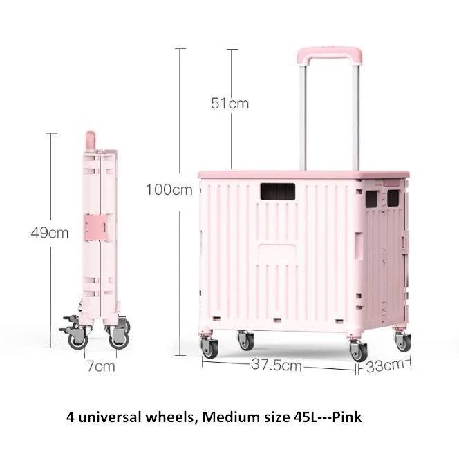 folding trolley PINK 4 wheels 45L